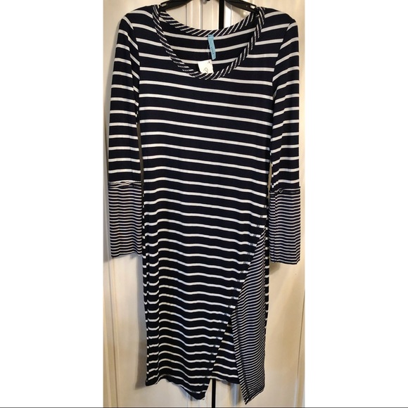 Women’s navy blue & white stripe dress with slit - Picture 1 of 4